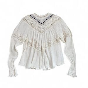 Free People Abigail White Boho Blouse with Navy Ribbon